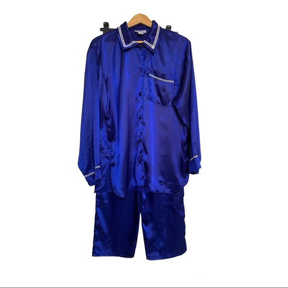 Vintage Satin Pyjamas Set Royal Blue Size Large - Picture 1 of 16